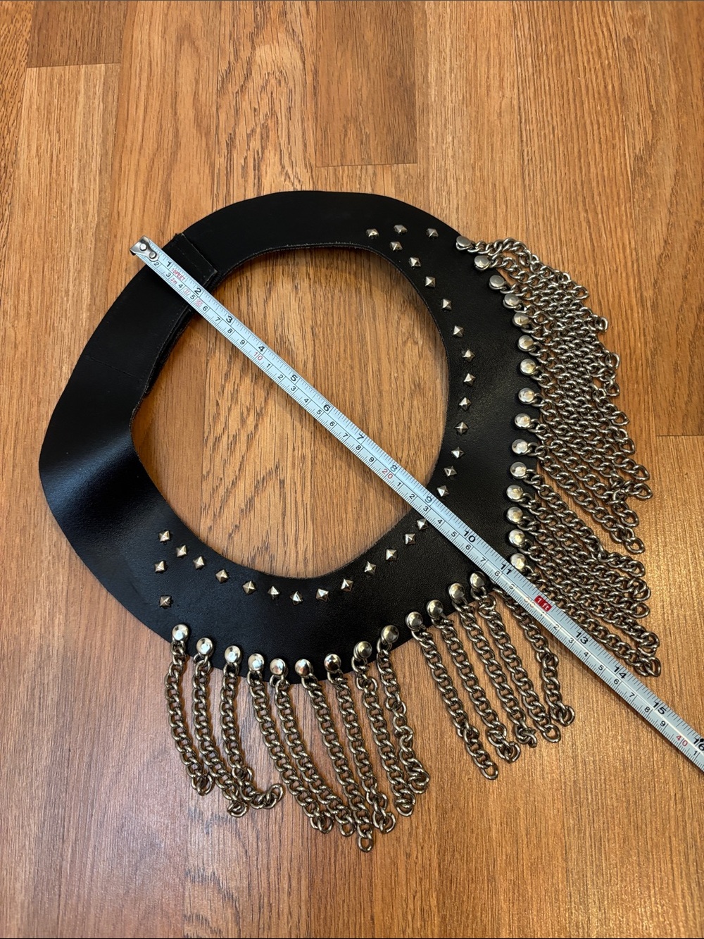 Studded Black Faux Leather Fringe Collar Necklace with Silver Chains - Picture 6 of 10
